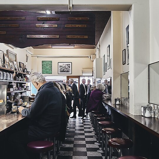 Interior photograph of Pellegrini’s Espresso Bar by Peter Bennetts